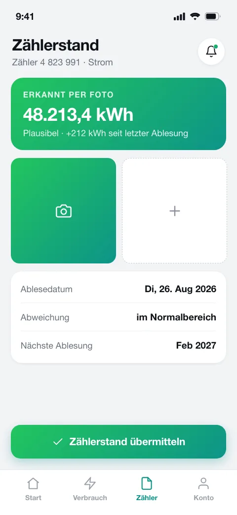 Kundenservice-App App – Zählerstand per Foto melden