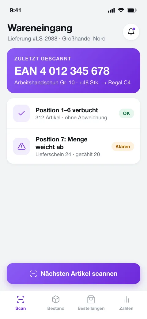 Konzept-Screen einer Lager-App: Scan-Ansicht