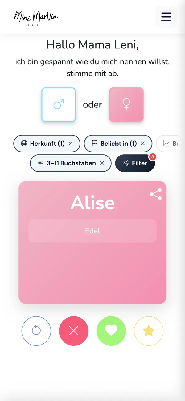 Mini Marvin – baby name finder PWA, swipe view